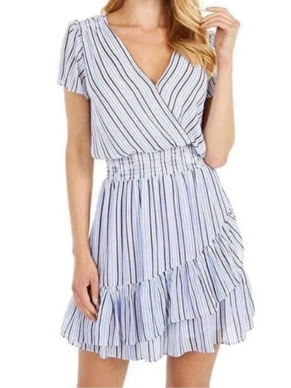 Michael Kors Smocked Wrap Dress Blue White Striped Size XL Flutter Sleeve Party